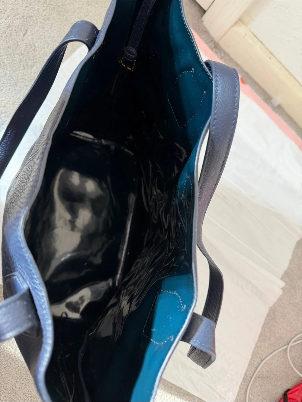 Tory Burch Navy Shoulder Tote with Gold Emblem